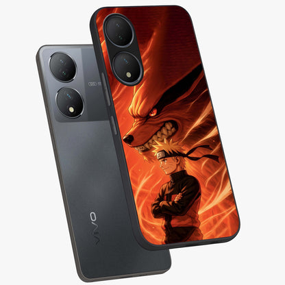 Nine Tails Legacy Glass Case displayed in angled mockup highlighting dynamic anime beast illustration with bold mystical aesthetic.