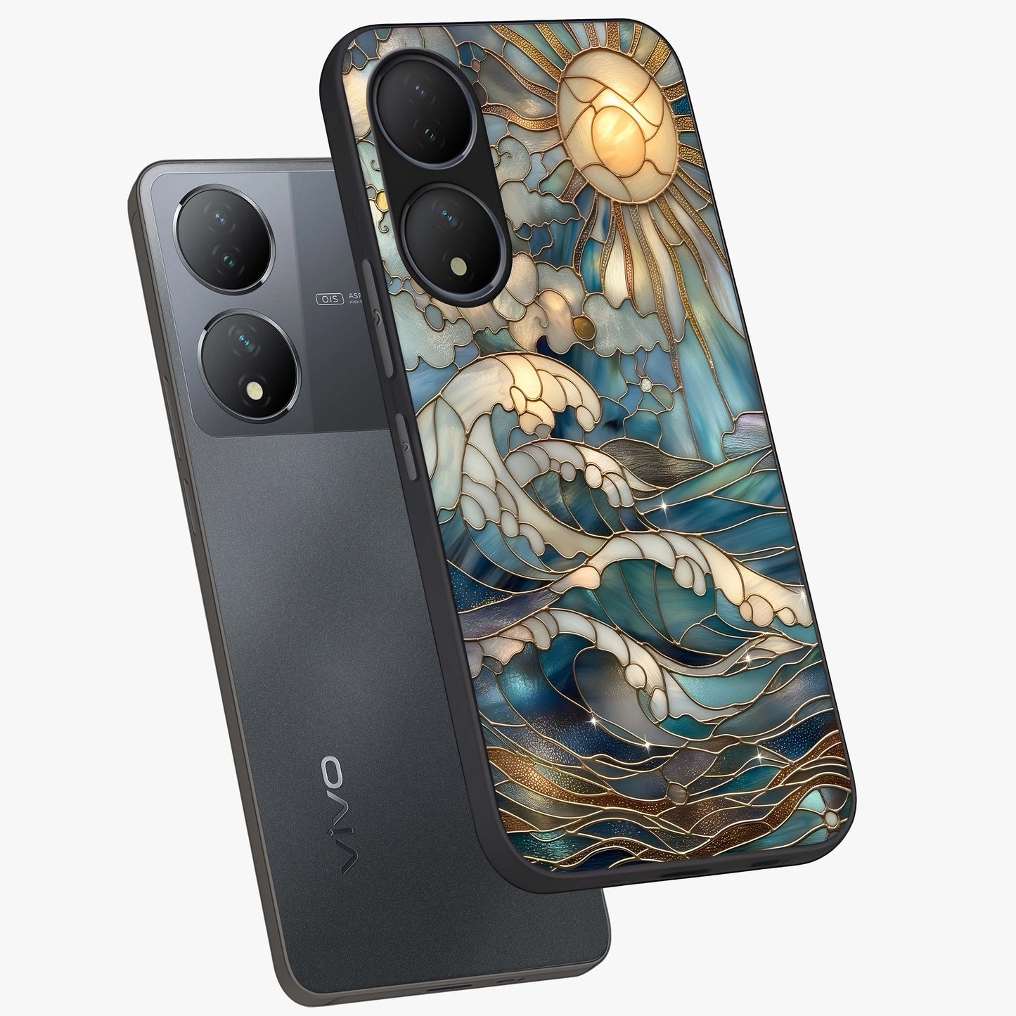 Oceanic Stained Printed Glass Case displayed in angled mockup highlighting colorful aquatic design with artistic aesthetic style.