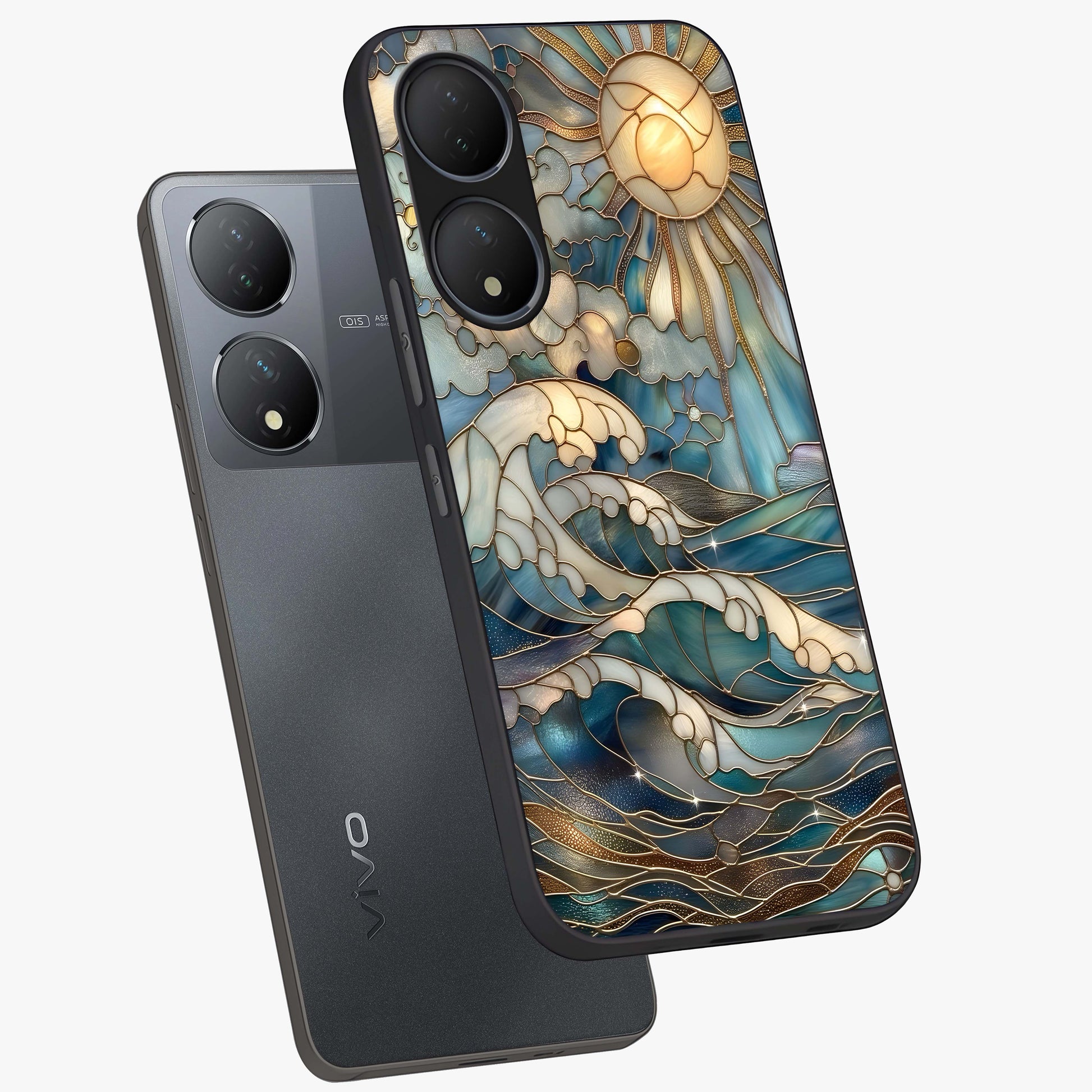 Oceanic Stained Printed Glass Case displayed in angled mockup highlighting colorful aquatic design with artistic aesthetic style.