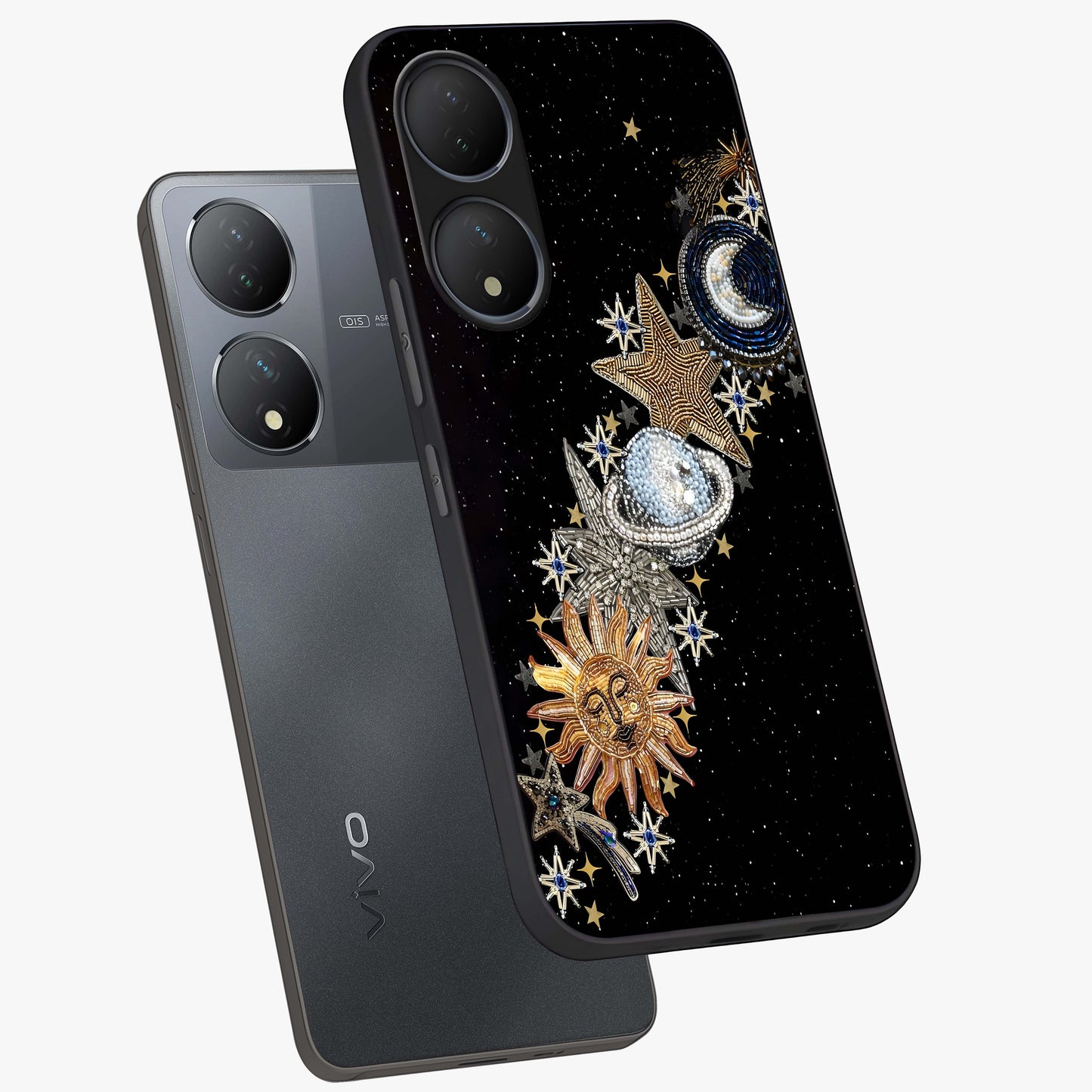 Pearls Universe Object Glass Case displayed in angled mockup highlighting celestial pearl design with dreamy aesthetic.