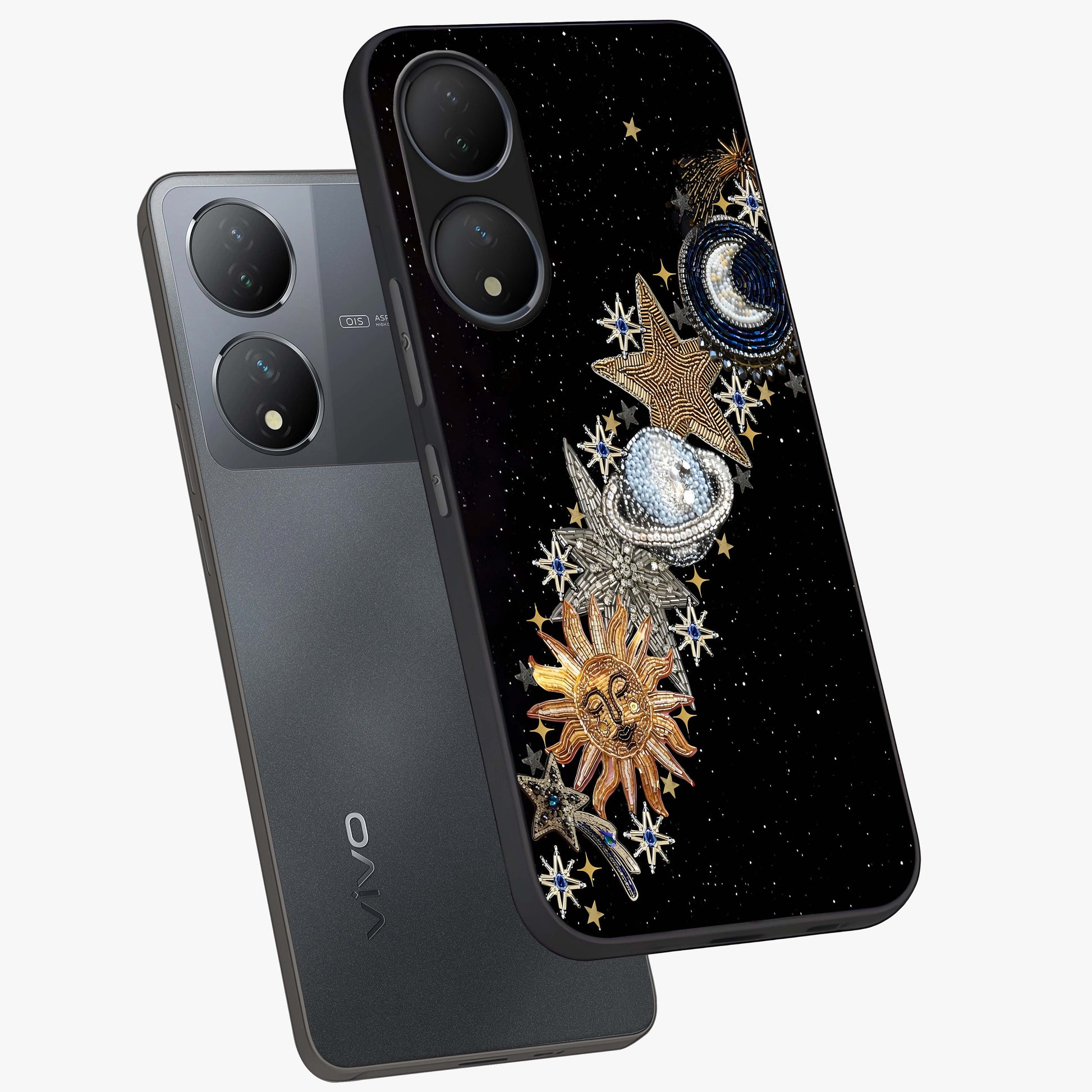 Pearls Universe Object Glass Case displayed in angled mockup highlighting celestial pearl design with dreamy aesthetic.