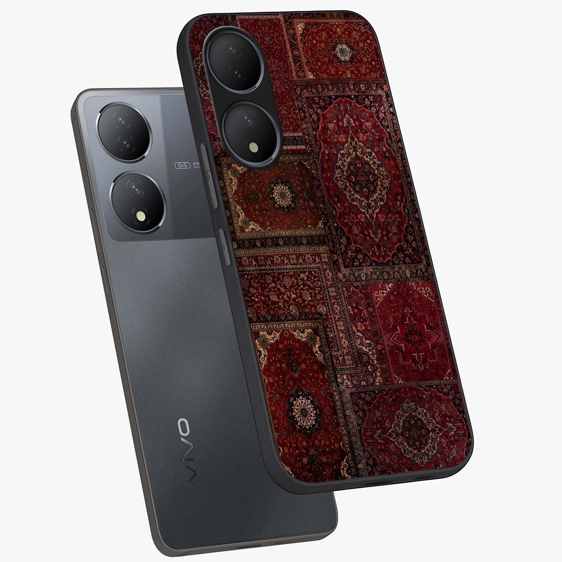 Persian Velvet Tale Glass Case displayed in angled mockup highlighting ornate textile inspired design with royal aesthetic.