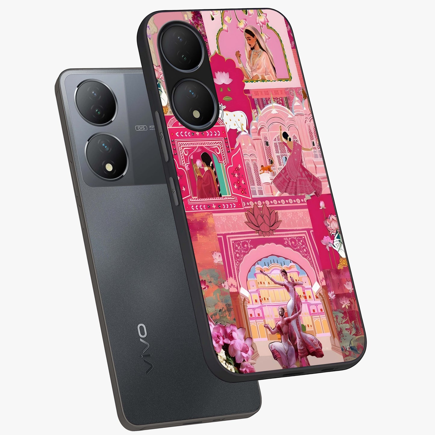 Pink Palace Muse Glass Case displayed in angled mockup highlighting dreamy palace illustration with soft pink aesthetic.