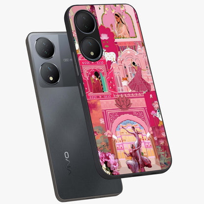 Pink Palace Muse Glass Case displayed in angled mockup highlighting dreamy palace illustration with soft pink aesthetic.