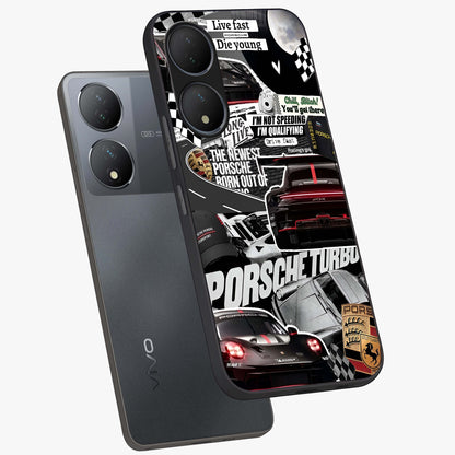 Porsche Racing Collage Glass Case displayed in angled mockup highlighting dynamic automotive design with bold racing aesthetic.