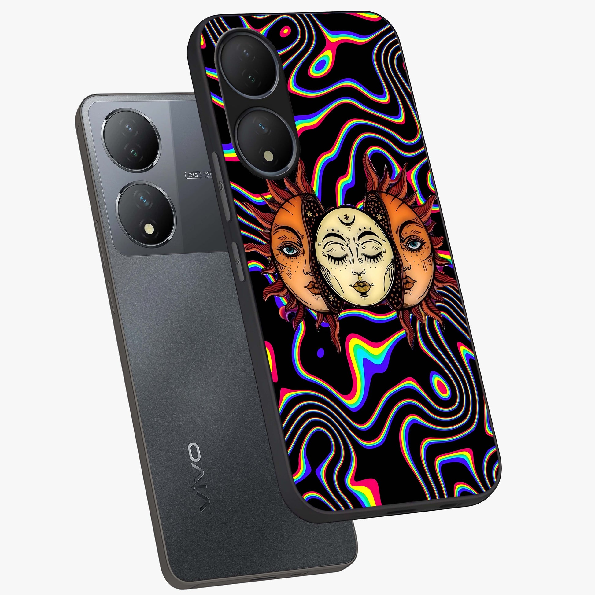 Psychedelic Sun Glass Case displayed in angled mockup highlighting vibrant abstract sun design with artistic aesthetic style.