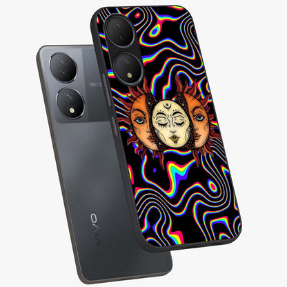 Psychedelic Sun Glass Case displayed in angled mockup highlighting vibrant abstract sun design with artistic aesthetic style.