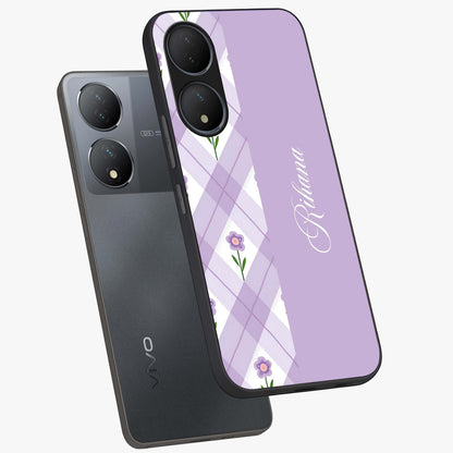 Purple Diamond Floral Glass Case displayed in angled mockup highlighting elegant purple flower design with decorative pattern.