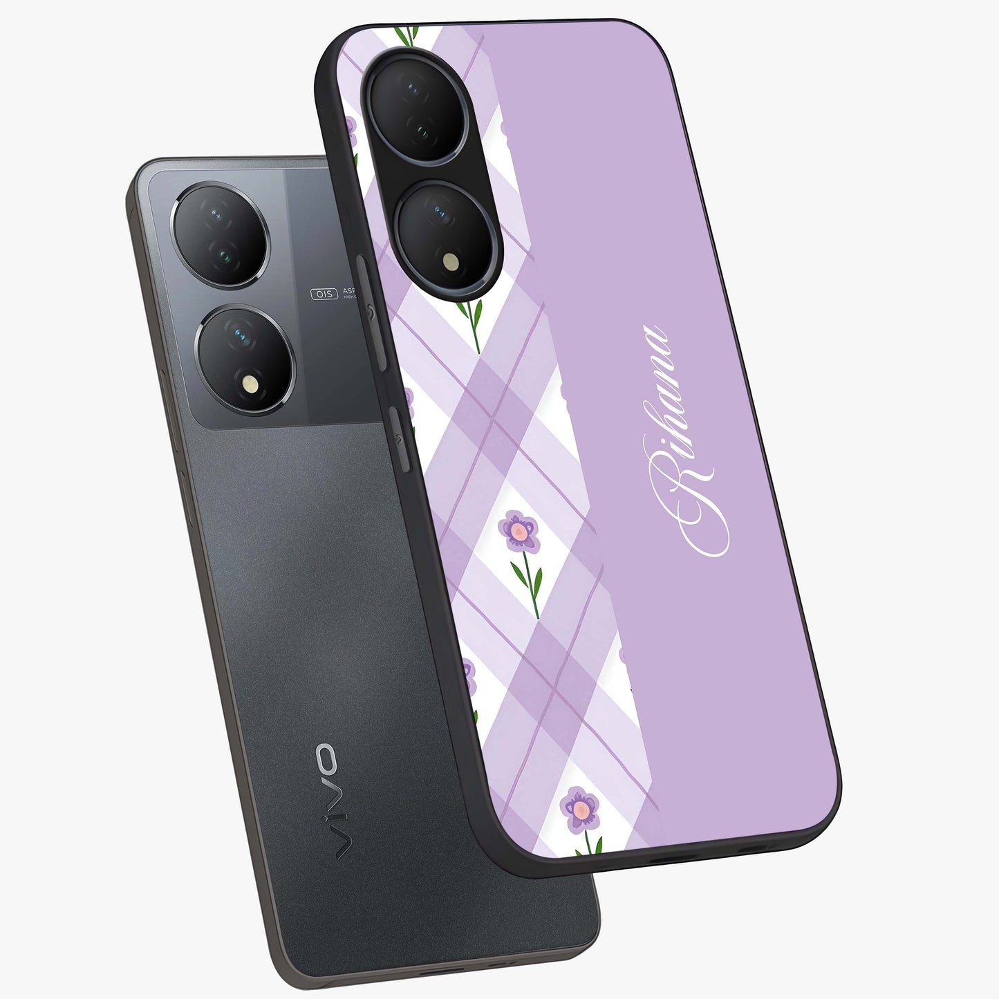 Purple Diamond Floral Glass Case displayed in angled mockup highlighting elegant purple flower design with decorative pattern.