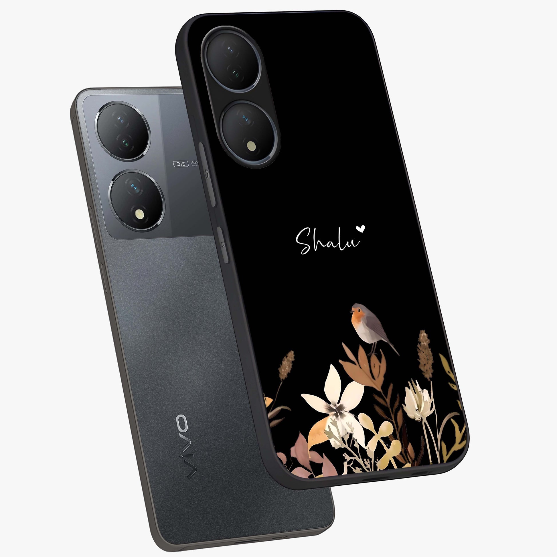 Quiet Garden Tune Custom Name Glass Case displayed in angled mockup highlighting delicate floral garden design with custom name feature.
