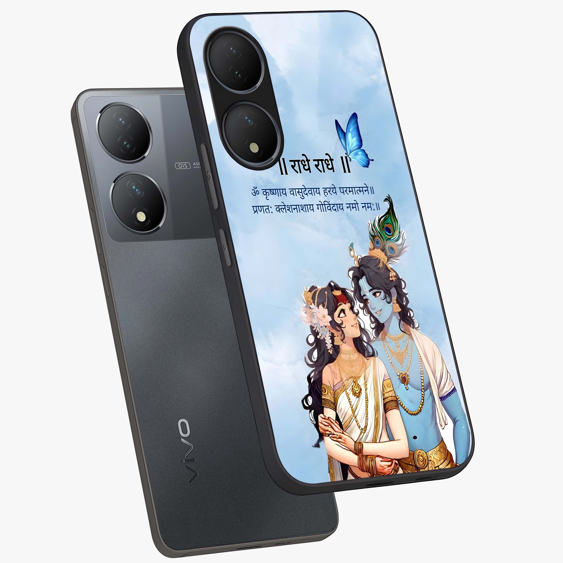 Radha Krishna Eternal Glass Case displayed in angled mockup highlighting divine Radha Krishna illustration with spiritual aesthetic.