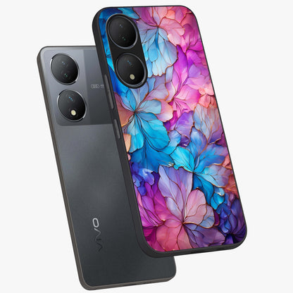 Radiant Floral Whirl Glass Case displayed in angled mockup highlighting vibrant flower pattern with dynamic artistic aesthetic.
