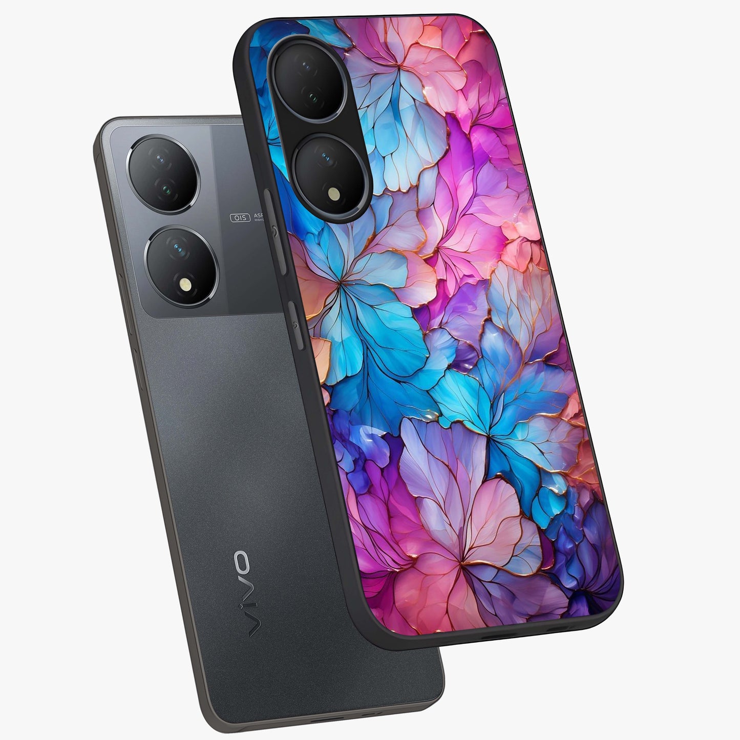 Radiant Floral Whirl Glass Case displayed in angled mockup highlighting vibrant flower pattern with dynamic artistic aesthetic.