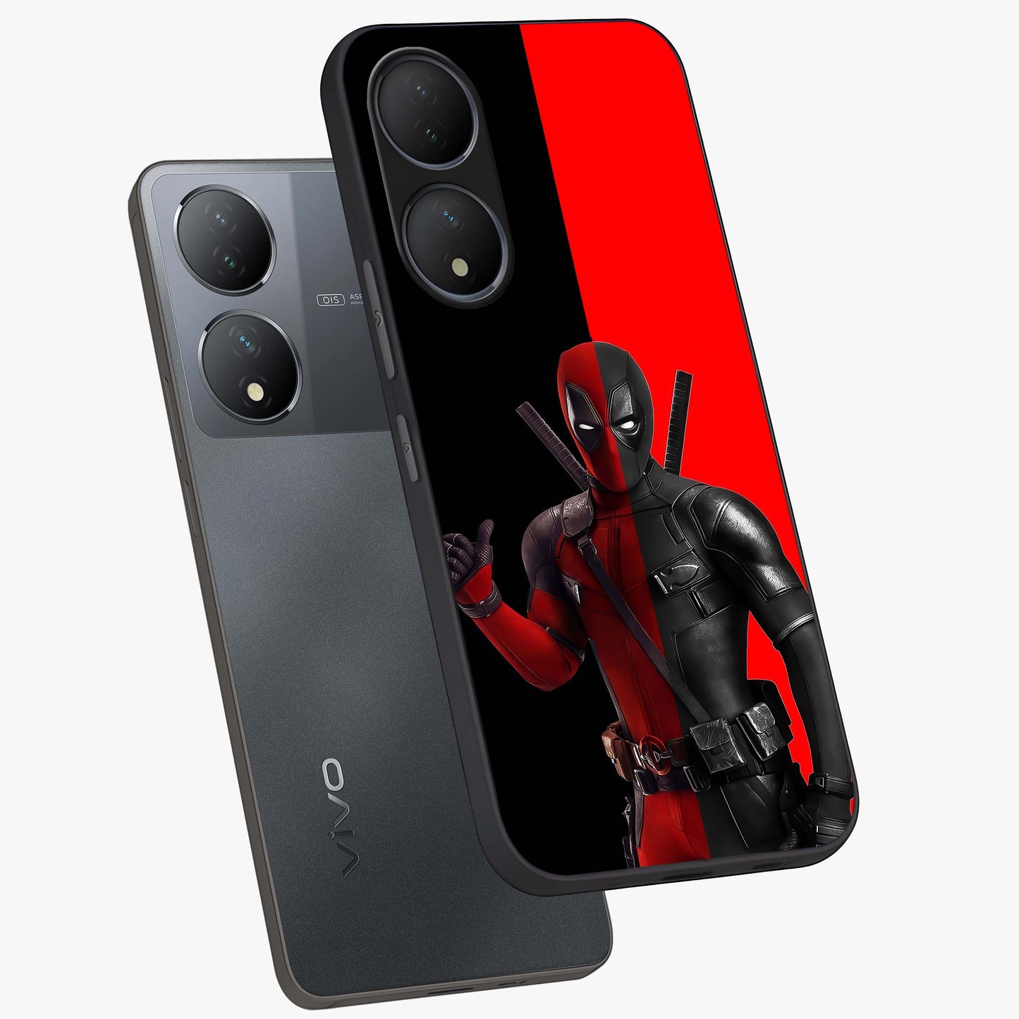 Red & Black Deadpool Theme Glass Case displayed in angled mockup highlighting vibrant superhero style illustration with action aesthetic.