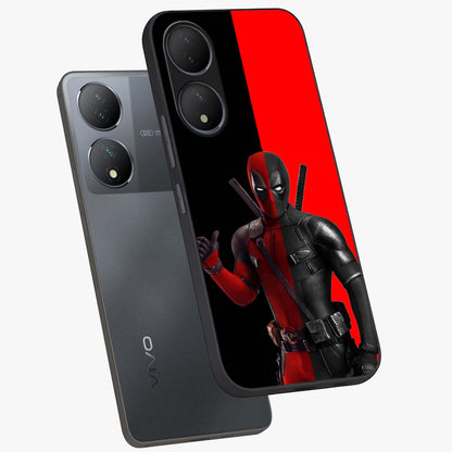 Red & Black Deadpool Theme Glass Case displayed in angled mockup highlighting vibrant superhero style illustration with action aesthetic.