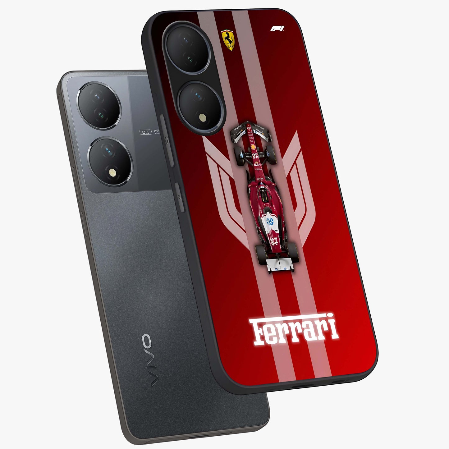 Red Ferrari F1 Vertical Glass Case displayed in angled mockup highlighting high speed racing design with bold automotive aesthetic.