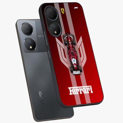 Red Ferrari F1 Vertical Glass Case displayed in angled mockup highlighting high speed racing design with bold automotive aesthetic.