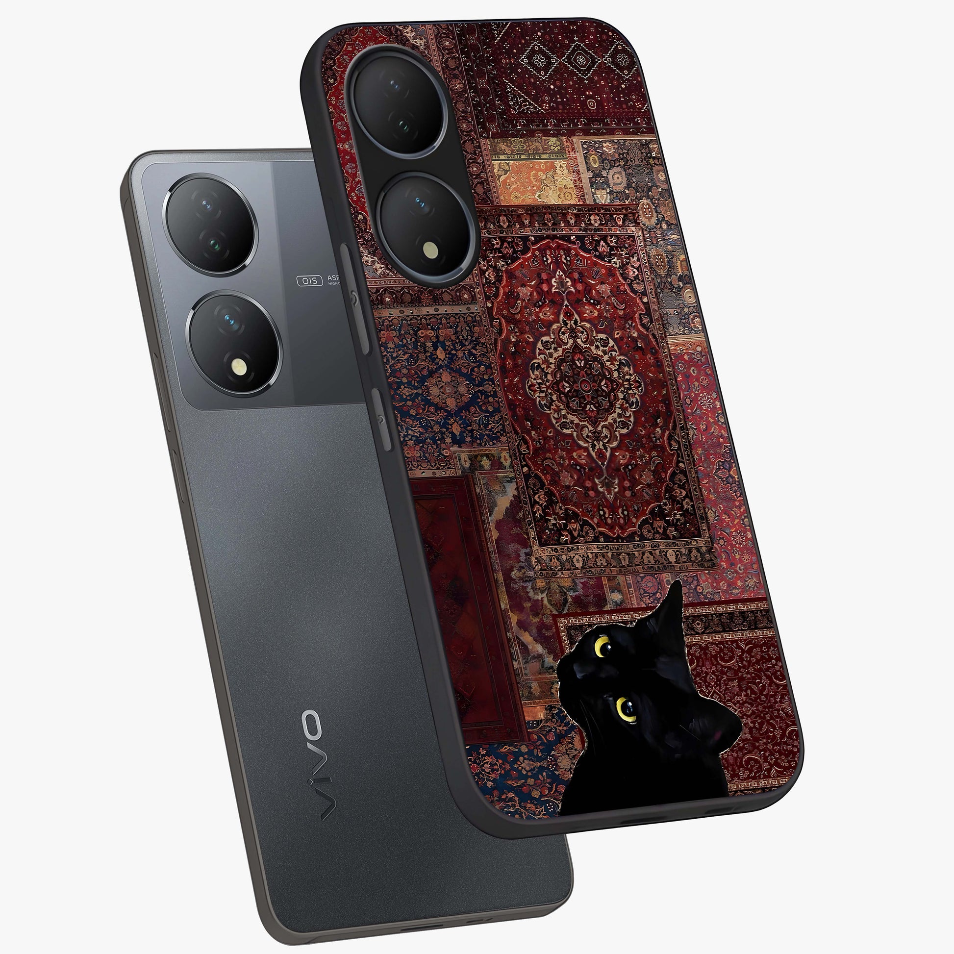 Regal Magic Cat Apple Glass Case displayed in angled mockup highlighting whimsical feline design with fantasy aesthetic.