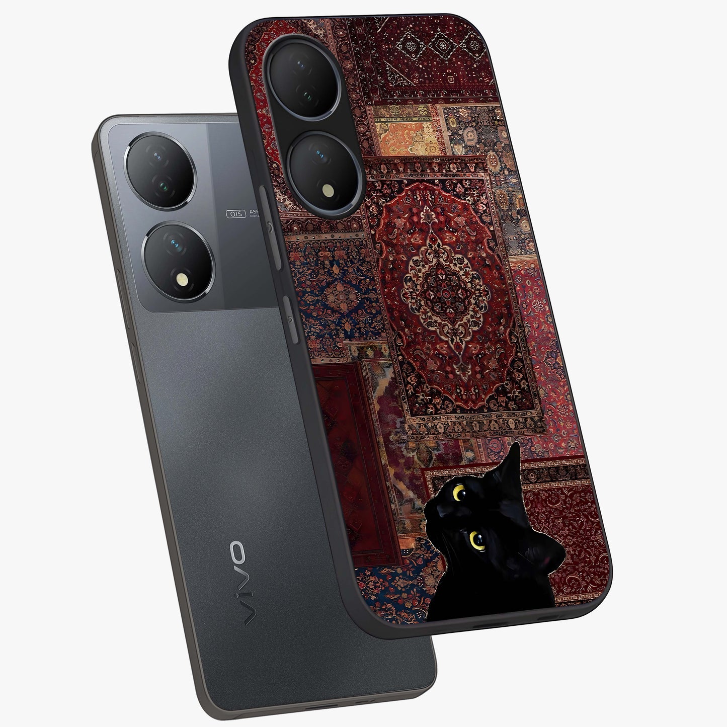 Regal Magic Cat Apple Glass Case displayed in angled mockup highlighting whimsical feline design with fantasy aesthetic.
