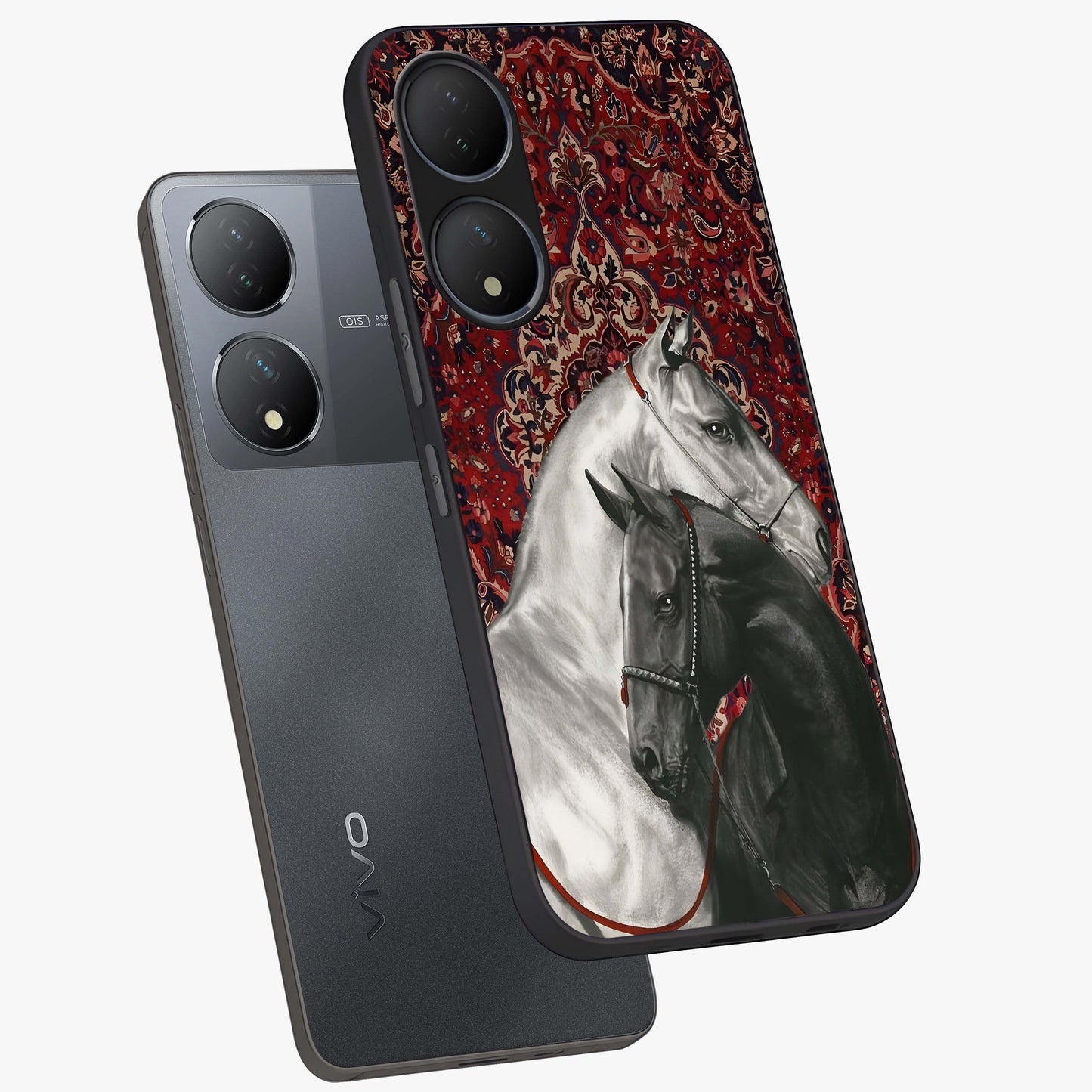 Regal Stallion Tapestry Glass Case displayed in angled mockup highlighting royal stallion design with decorative heritage aesthetic.