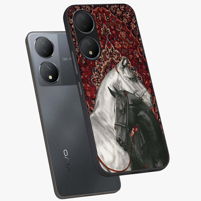 Regal Stallion Tapestry Glass Case displayed in angled mockup highlighting royal stallion design with decorative heritage aesthetic.