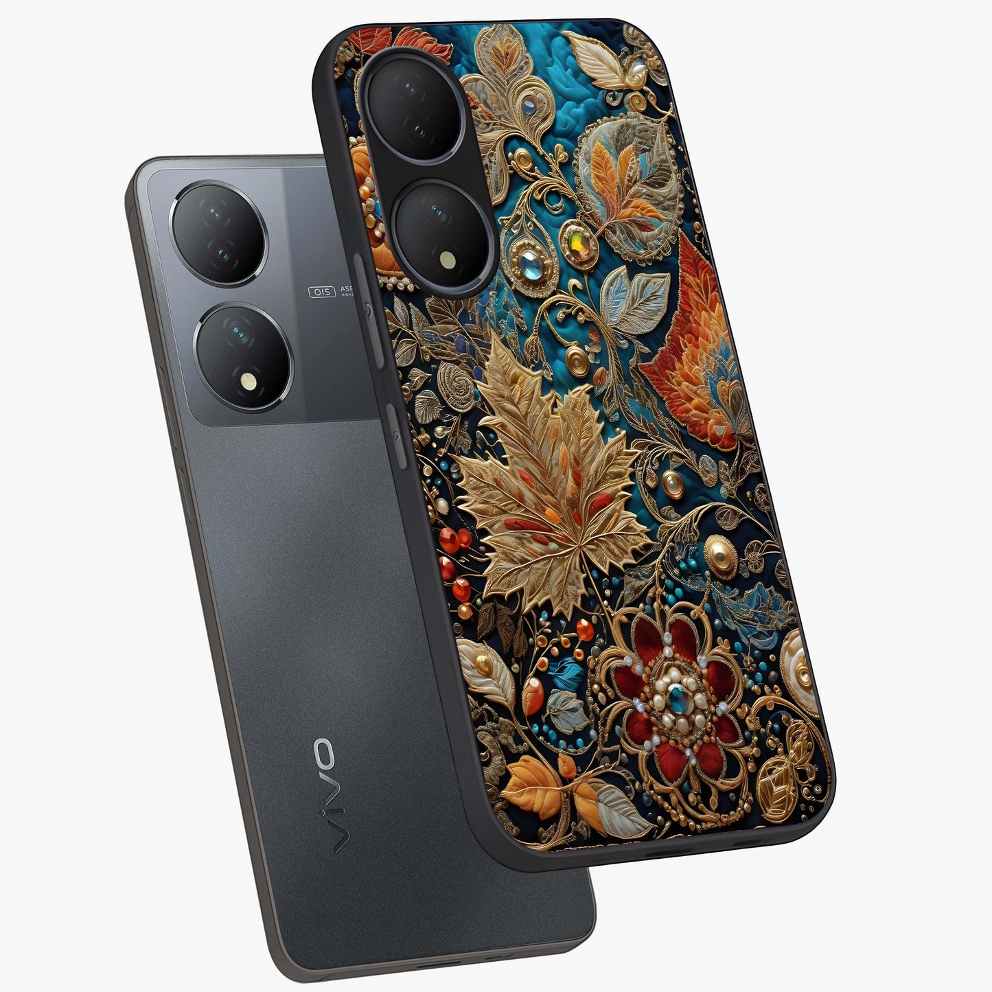 Royal Jewel Garden Glass Case displayed in angled mockup highlighting vibrant jewel inspired floral design with elegant aesthetic.