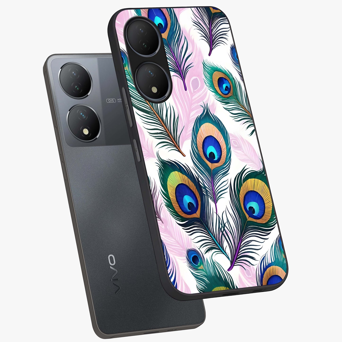 Royal Peacock Feathers Glass Case displayed in angled mockup highlighting vibrant feather pattern with regal aesthetic style.