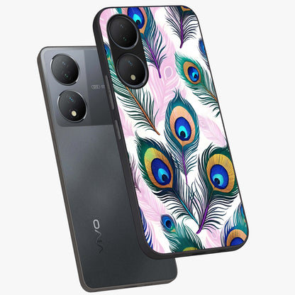 Royal Peacock Feathers Glass Case displayed in angled mockup highlighting vibrant feather pattern with regal aesthetic style.