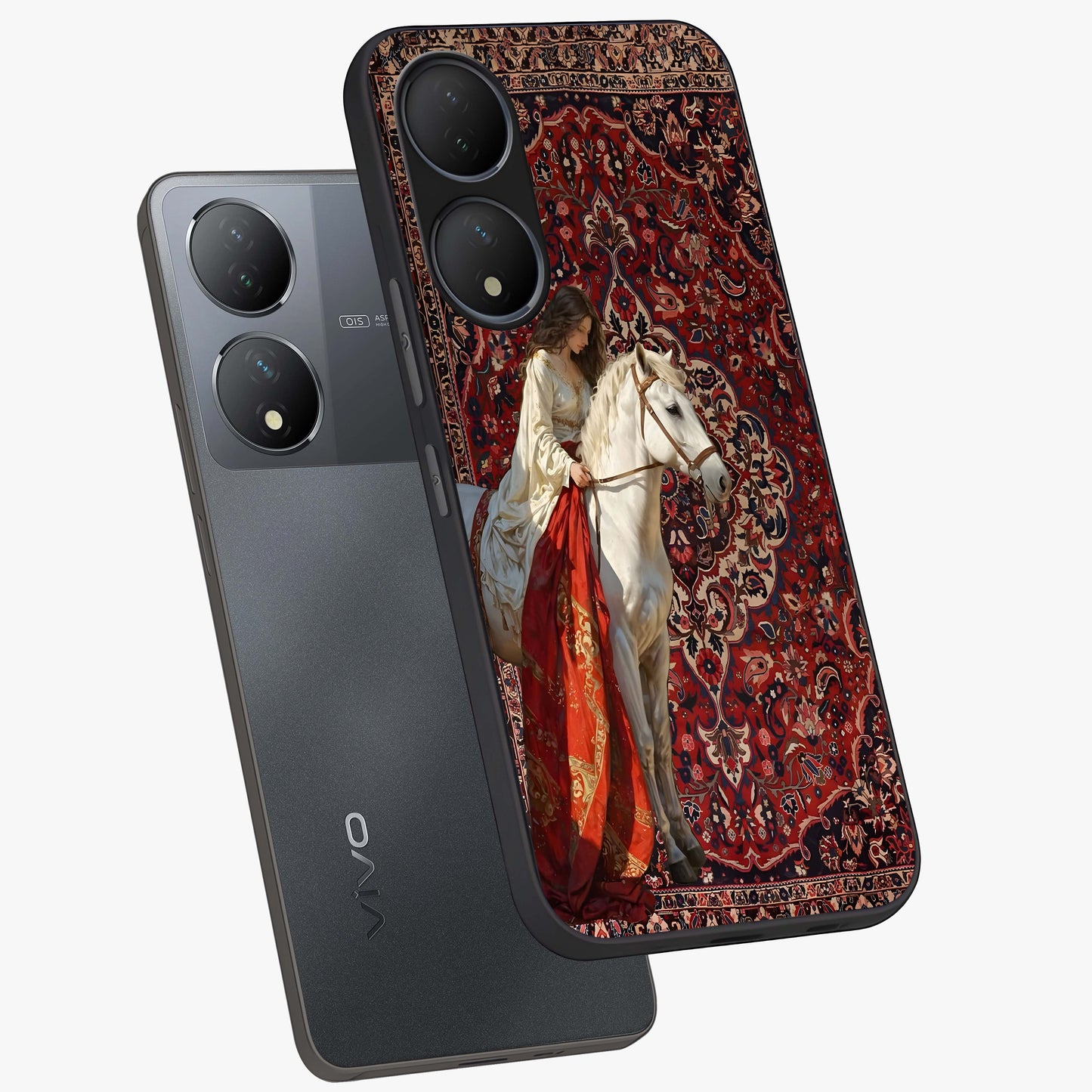 Royal Rider Tapestry Glass Case displayed in angled mockup highlighting traditional tapestry design with royal heritage aesthetic.