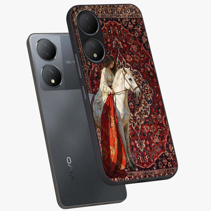 Royal Rider Tapestry Glass Case displayed in angled mockup highlighting traditional tapestry design with royal heritage aesthetic.