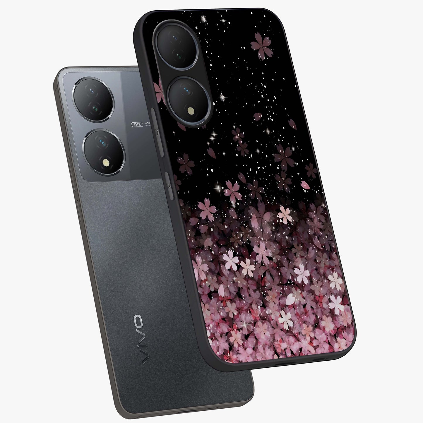 Small Starry Flowers Glass Case displayed in angled mockup highlighting tiny flower pattern with celestial aesthetic style.