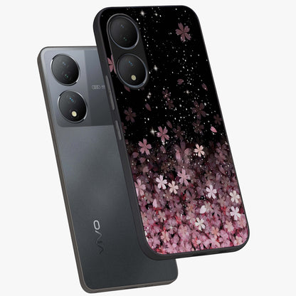 Small Starry Flowers Glass Case displayed in angled mockup highlighting tiny flower pattern with celestial aesthetic style.