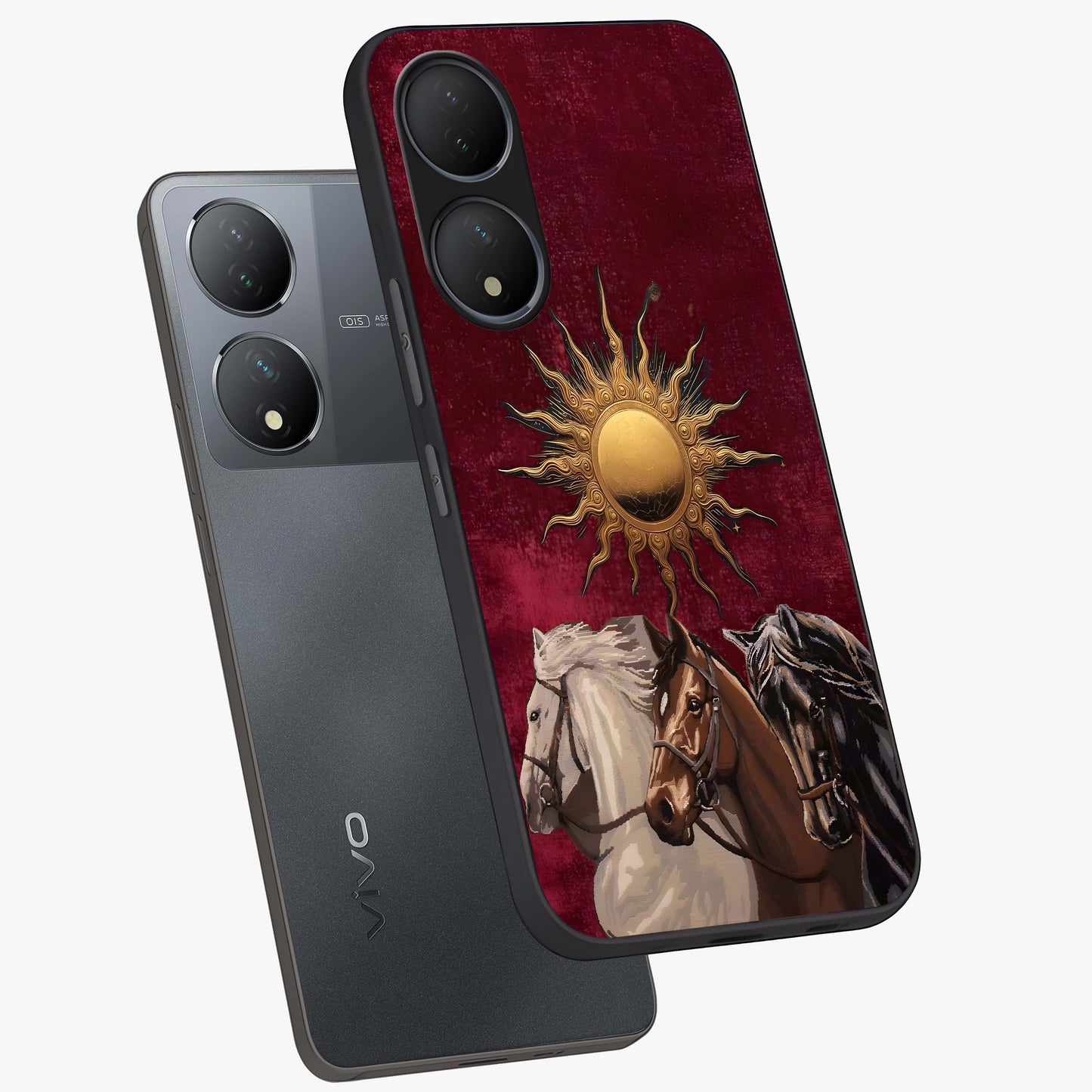 Solar Riders Glass Case displayed in angled mockup highlighting powerful rider illustration with radiant solar aesthetic.