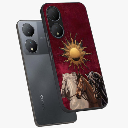 Solar Riders Glass Case displayed in angled mockup highlighting powerful rider illustration with radiant solar aesthetic.