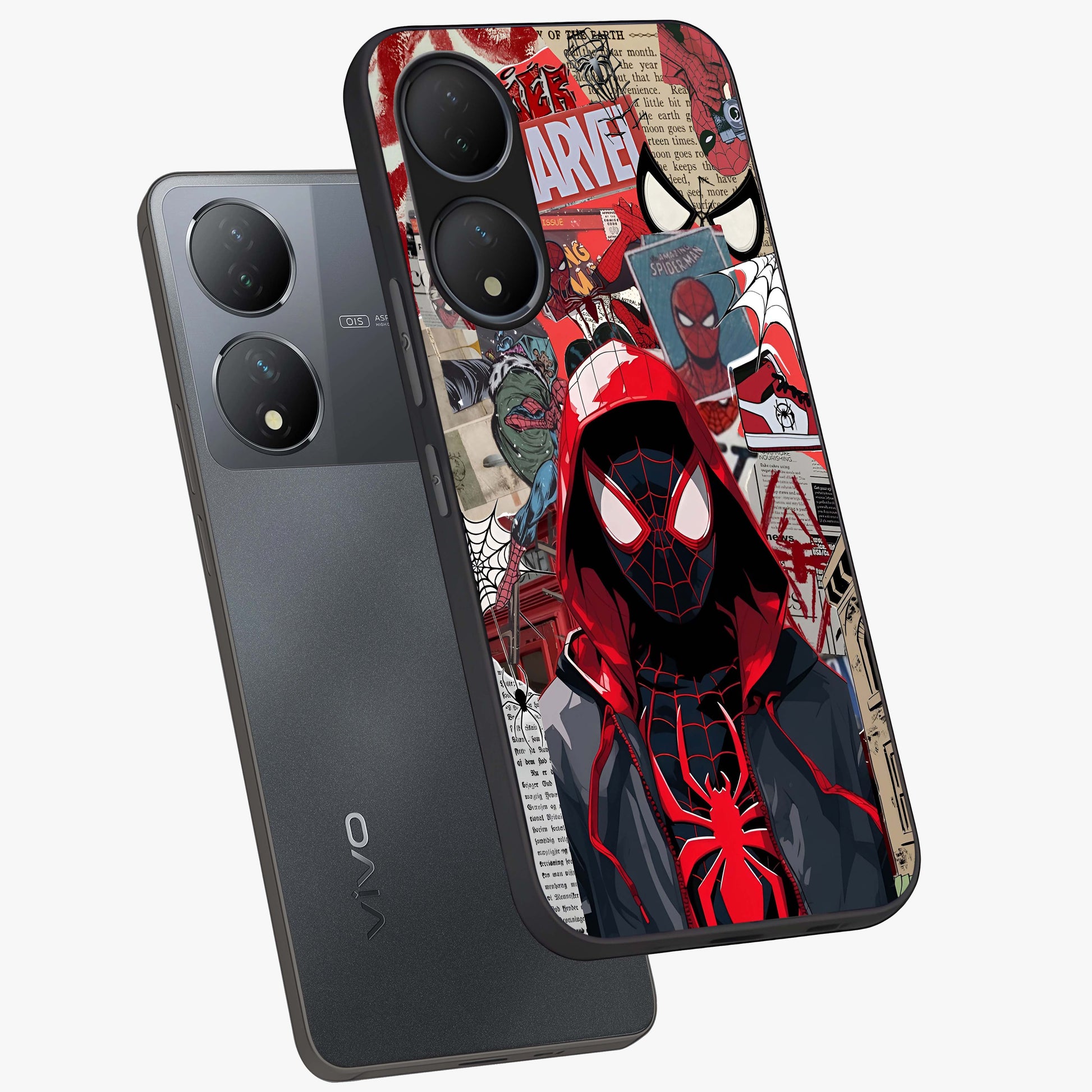 Spider Collage Street Glass Case displayed in angled mockup highlighting dynamic street style collage design with comic aesthetic.