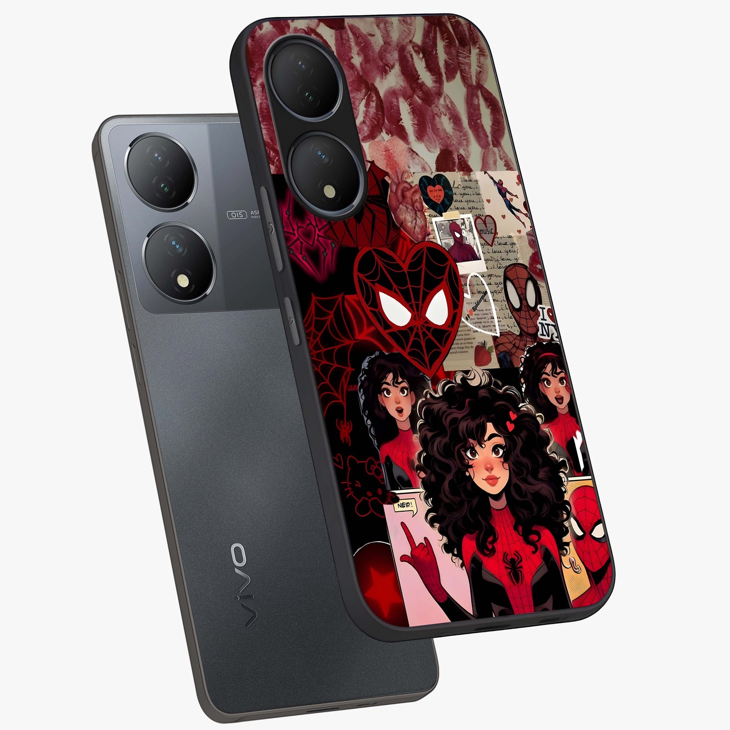Spider Love Story Glass Case displayed in angled mockup highlighting expressive comic inspired design with playful aesthetic.