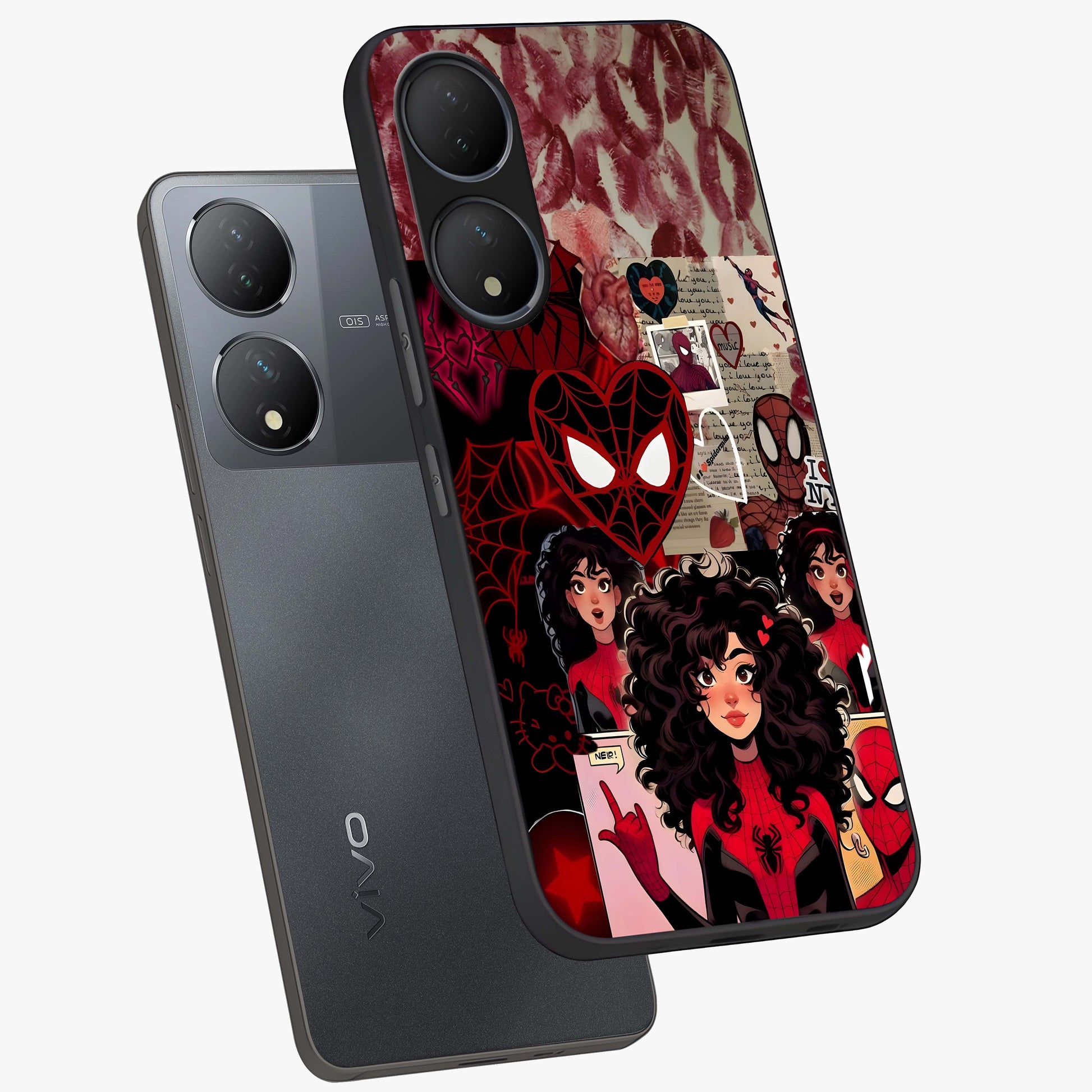Spider Love Story Glass Case displayed in angled mockup highlighting expressive comic inspired design with playful aesthetic.