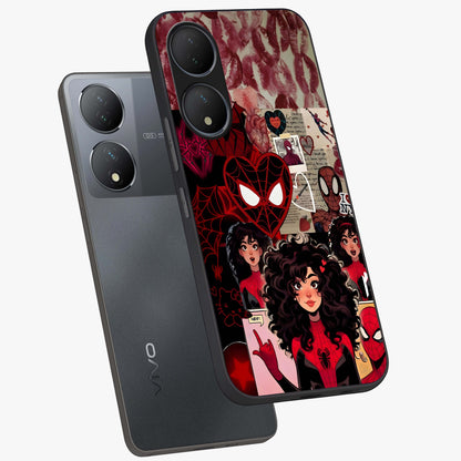 Spider Love Story Glass Case displayed in angled mockup highlighting expressive comic inspired design with playful aesthetic.