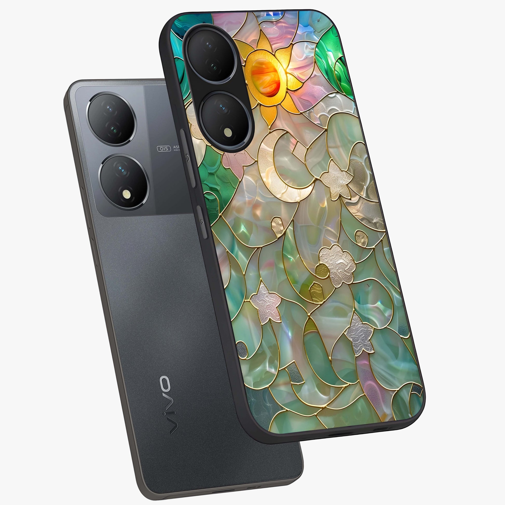 Stained Sunrise Glow Glass Case displayed in angled mockup highlighting radiant sunrise design with artistic aesthetic style.