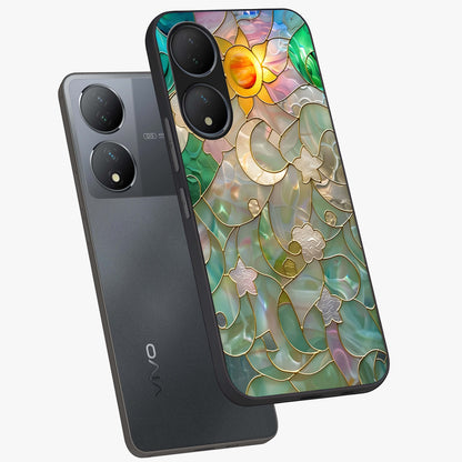 Stained Sunrise Glow Glass Case displayed in angled mockup highlighting radiant sunrise design with artistic aesthetic style.