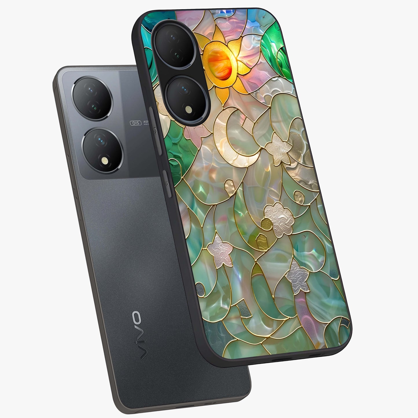 Stained Sunrise Glow Glass Case displayed in angled mockup highlighting radiant sunrise design with artistic aesthetic style.