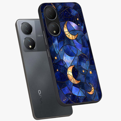 Starlit Sky Tapestry Glass Case displayed in angled mockup highlighting celestial night pattern with artistic aesthetic style.
