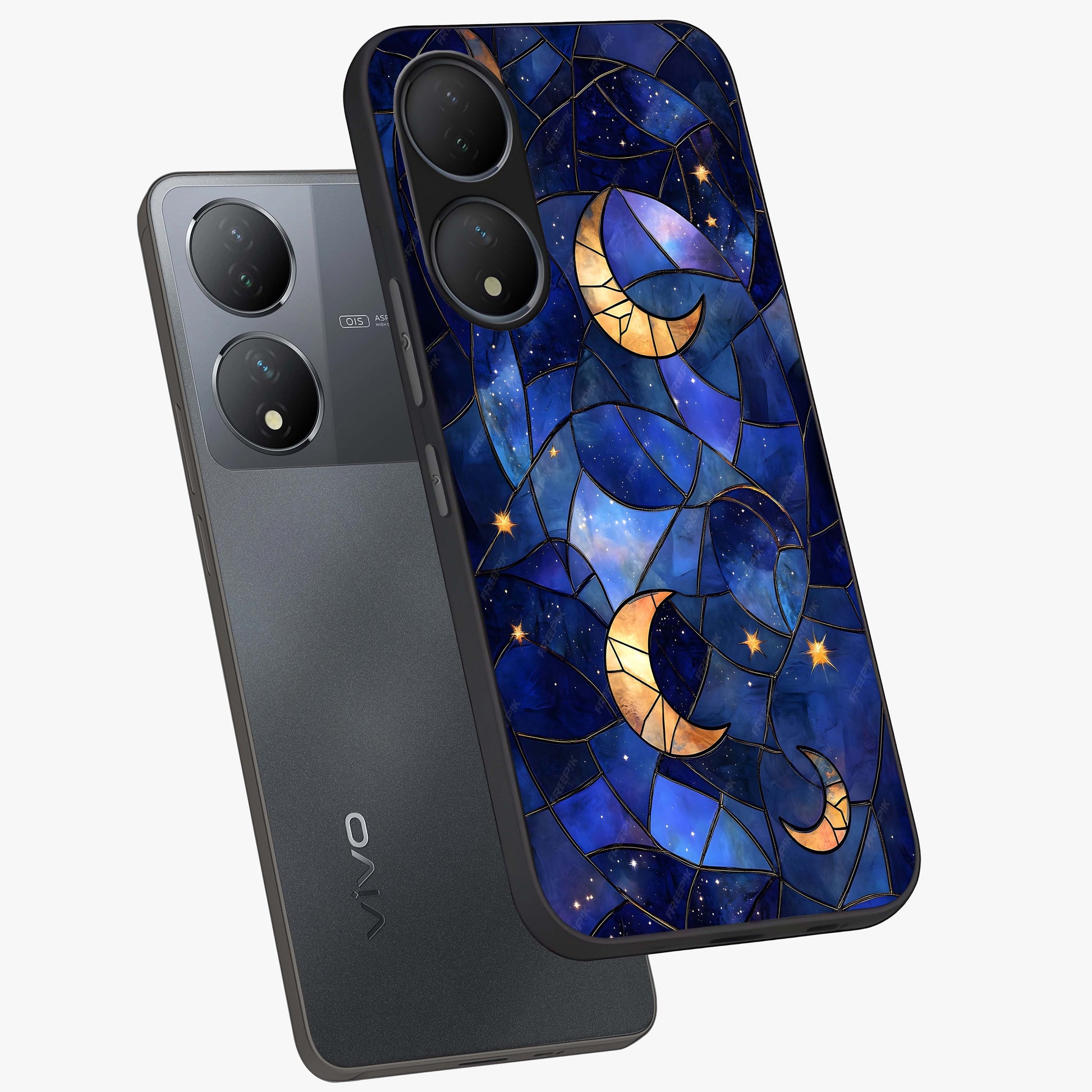 Starlit Sky Tapestry Glass Case displayed in angled mockup highlighting celestial night pattern with artistic aesthetic style.