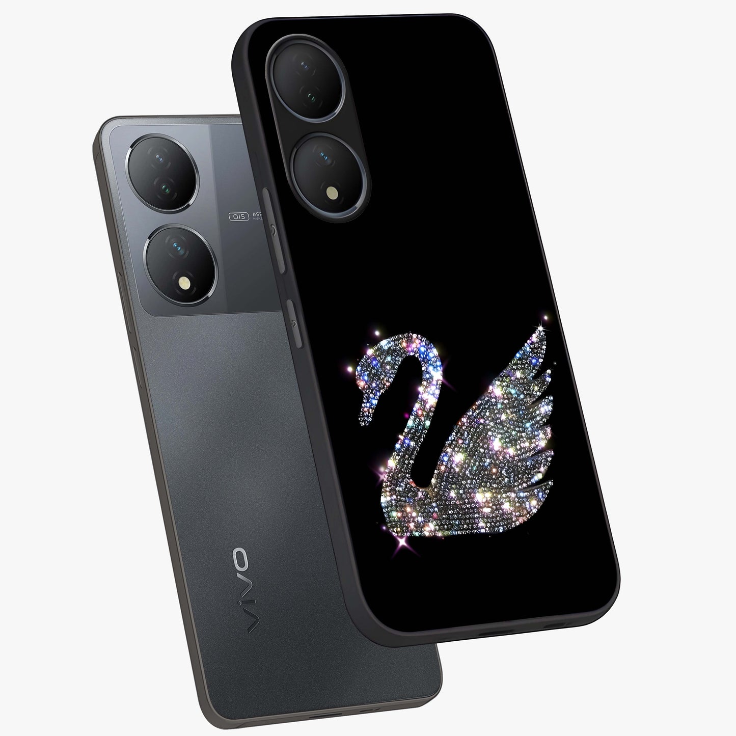 Starlit Swan Grace Glass Case displayed in angled mockup highlighting elegant swan illustration with dreamy celestial aesthetic.