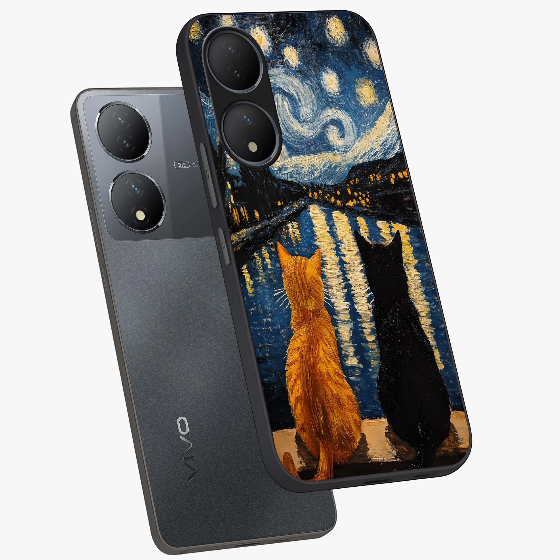 Starry River Cats Glass Case displayed in angled mockup highlighting charming feline illustration with dreamy night aesthetic.