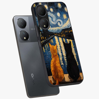 Starry River Cats Glass Case displayed in angled mockup highlighting charming feline illustration with dreamy night aesthetic.