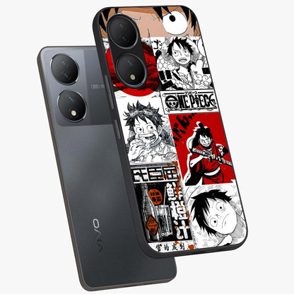 Strawhat Chaos Panels Glass Case displayed in angled mockup highlighting vibrant anime collage design with action aesthetic.