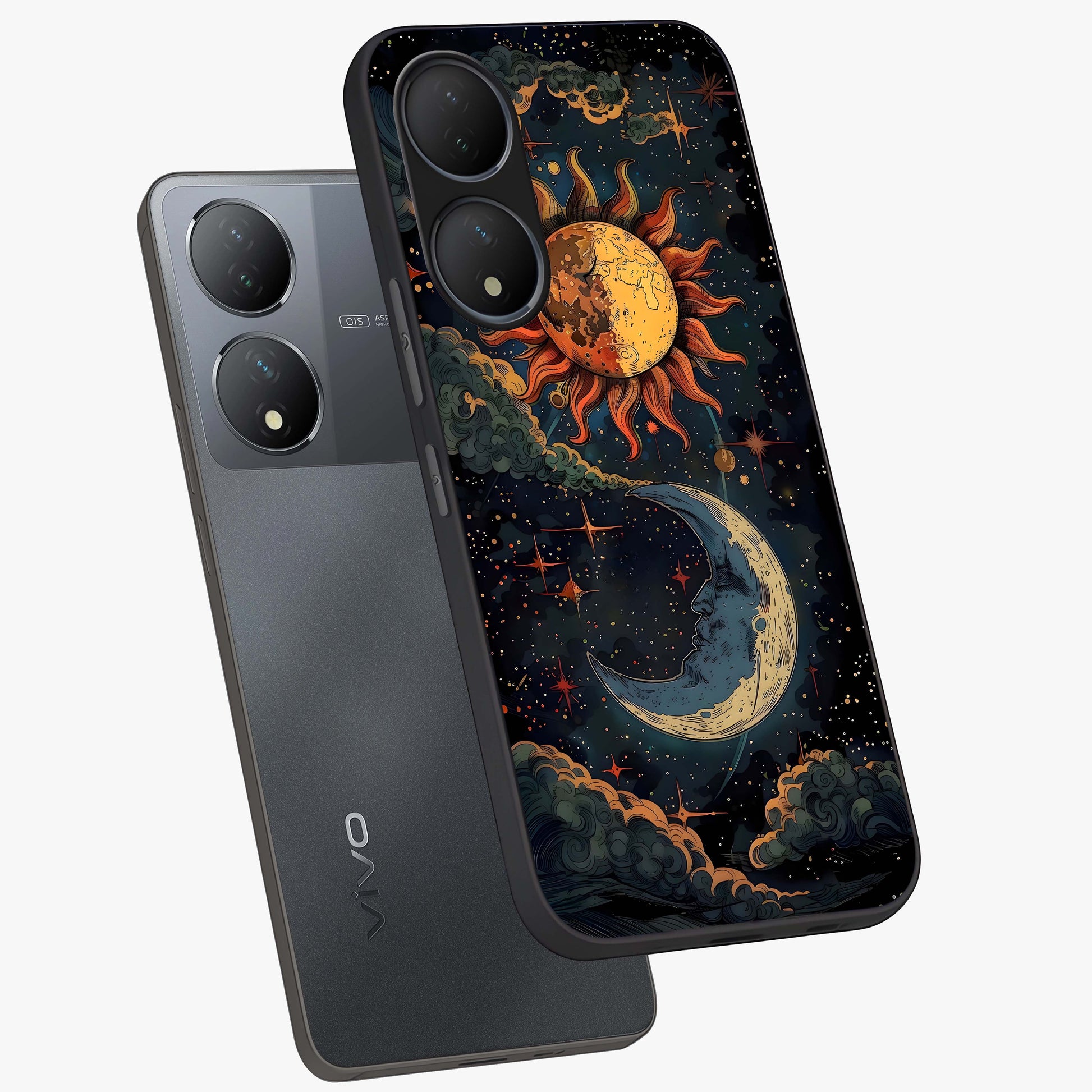 Sun And Moon Magic Design Glass Case displayed in angled mockup highlighting celestial design with magical cosmic aesthetic.