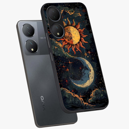 Sun And Moon Magic Design Glass Case displayed in angled mockup highlighting celestial design with magical cosmic aesthetic.