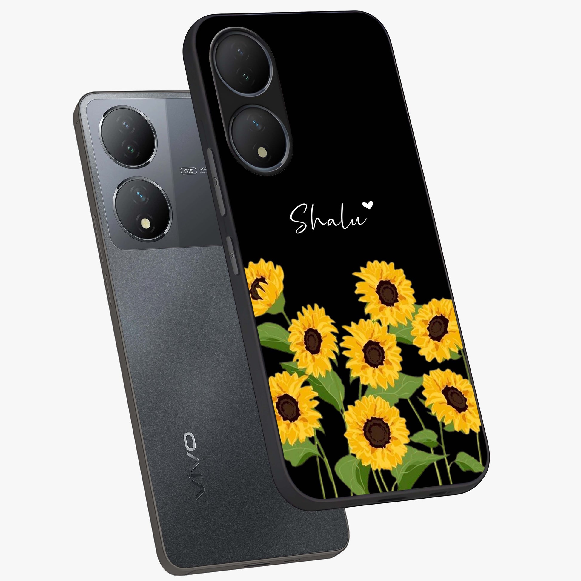 Sunflower Chic Mood Custom Name Glass Case displayed in angled mockup highlighting vibrant sunflower design with custom name feature.